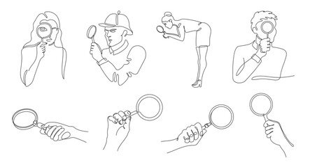 Linear looking through magnifying glass. Minimalist continuous one line people and detective hands using magnifiers in various poses for search, investigation and exploration vector illustrations set.