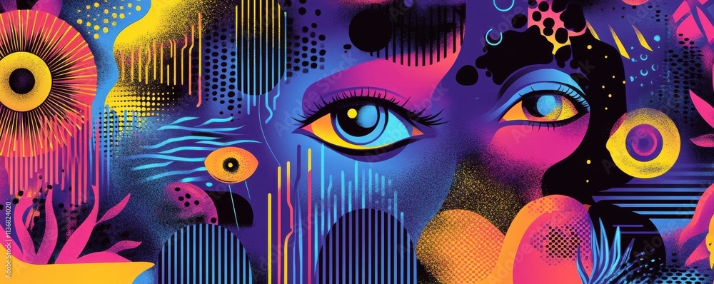 Poster vibrant abstract artwork featuring colorful shapes and expressive patterns with eyes