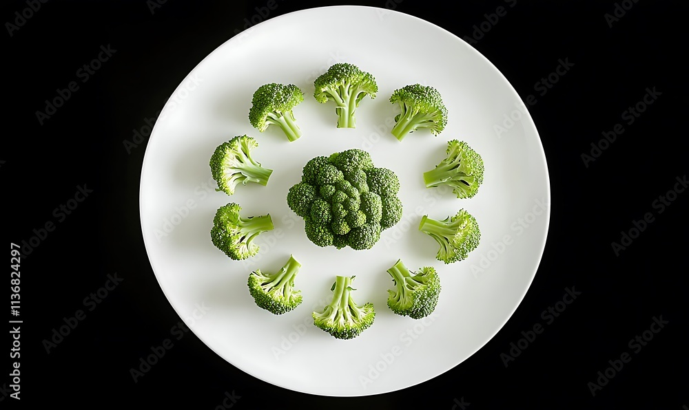 Poster broccoli florets arranged on a white plate in a circular pattern