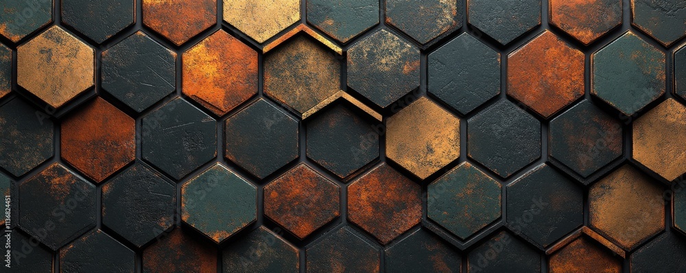 Poster hexagonal tile pattern with digital camouflage and metallic textures