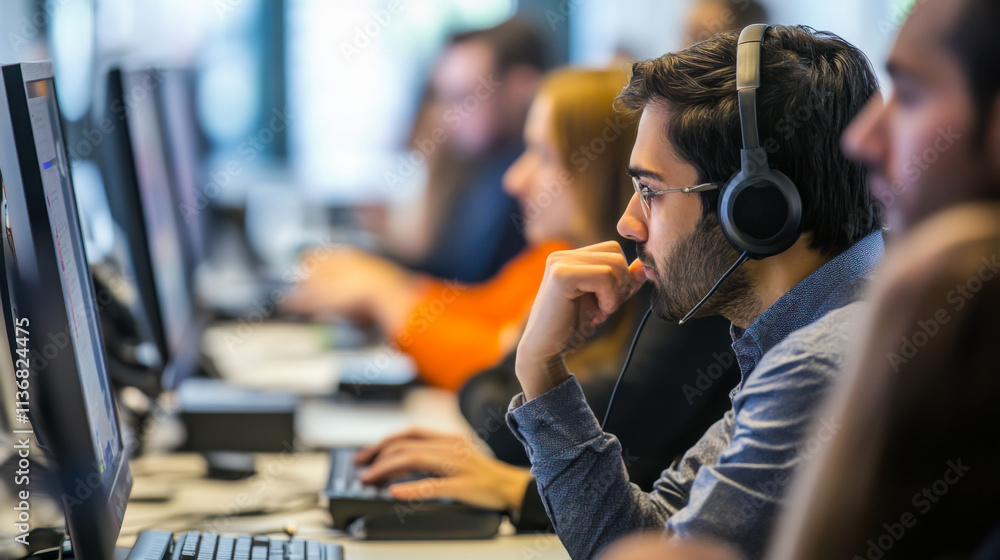 Poster focused software developer working in a modern office environment with headphones on while coding la