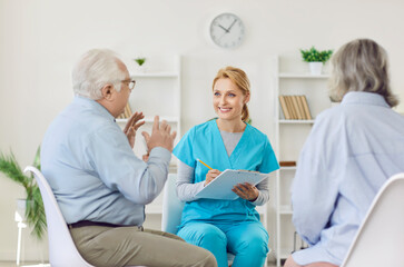 Senior people care, communication, young kind nurse, geriatric medicine caretaker talking to old woman, man, nursing home residents, adults in assisted living, female doctor caregiving service, aid 