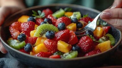 A vibrant fruit salad featuring strawberries, blueberries, kiwi, and melon in a bowl.