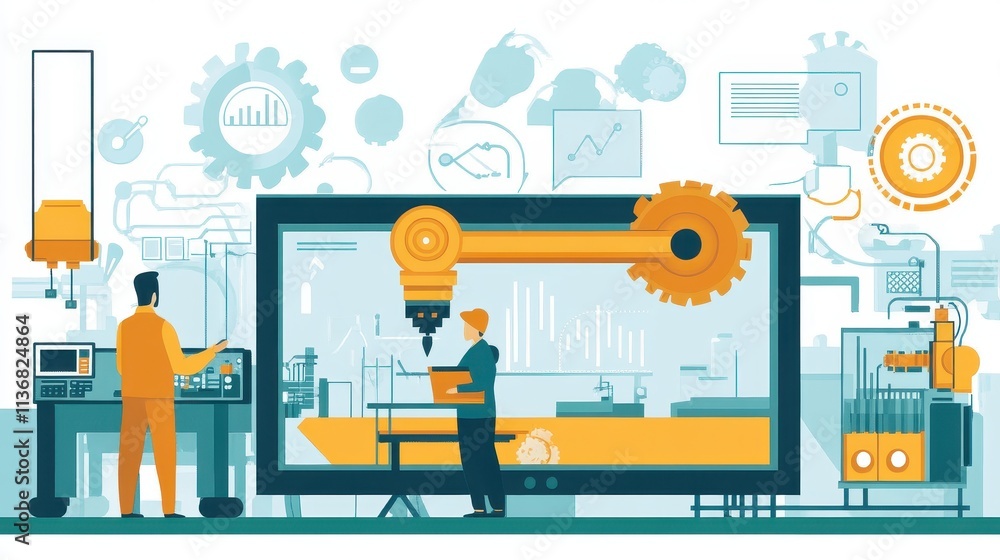 Poster futuristic automated factory robotics advancements and technological innovations