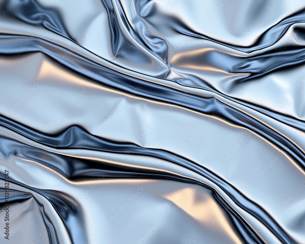 Poster close-up of glossy blue fabric showcasing intricate folds and a shiny texture, creating a dynamic vi