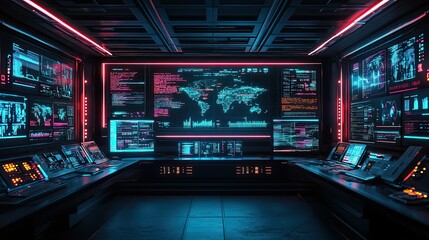 Obraz premium Futuristic control room with global network monitoring screens.