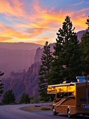 Scenic Sunset View with RV on Mountain Road Surrounded by Pine Trees