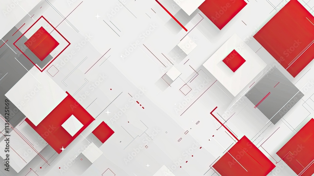 Poster abstract geometric design with red and white shapes on a light background.