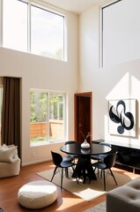 Modern Minimalist Living Room with High Ceilings and Large Windows
