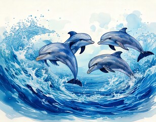 Playful watercolor dolphins leaping through ocean waves isolated on white with splashes of blue with copy space 