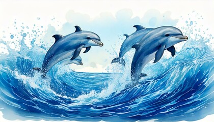 Naklejka premium Playful watercolor dolphins leaping through ocean waves isolated on white with splashes of blue with copy space 