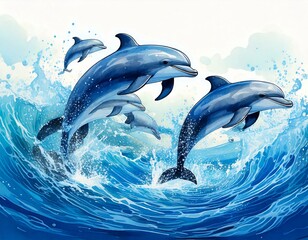 Fototapeta premium Playful watercolor dolphins leaping through ocean waves isolated on white with splashes of blue with copy space 