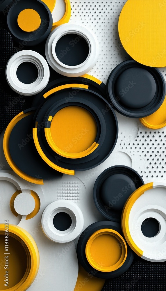 Poster abstract design with white, black, and yellow circular patterns on layered background