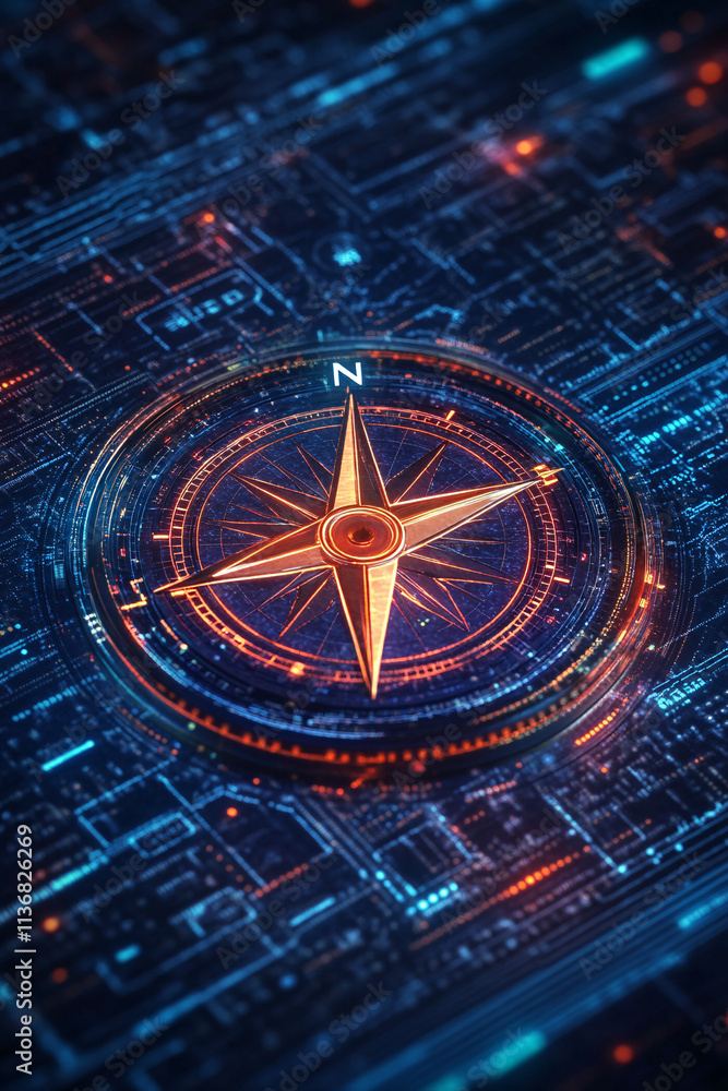 Poster a digital compass icon glowing with navigation data, representing online mapping platforms, real-tim