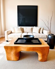 Modern Living Room with Natural Wood Furniture and Minimalist Decor