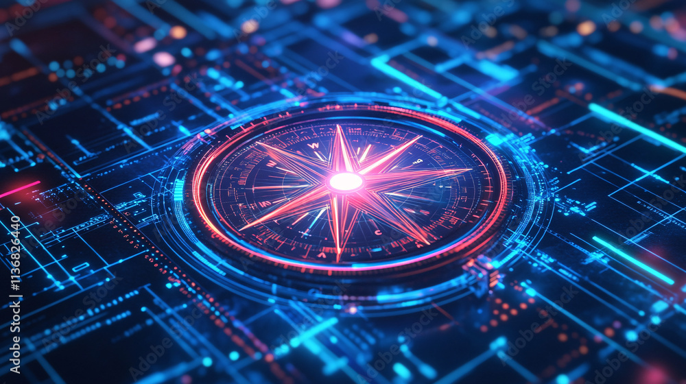 Poster a digital compass icon glowing with navigation data, representing online mapping platforms, real-tim