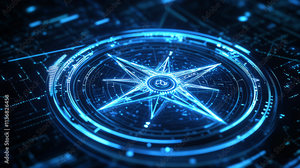 Poster a digital compass icon glowing with navigation data, representing online mapping platforms, real-tim