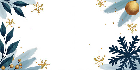 Minimalist digital Christmas background illustration. The image features pastel blue foliage contrasted with delicate gold snowflakes. Ideal for cards, invitations, banners and holiday marketing.