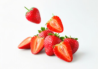 Delicious strawberries isolated whole and sliced on a white background.
