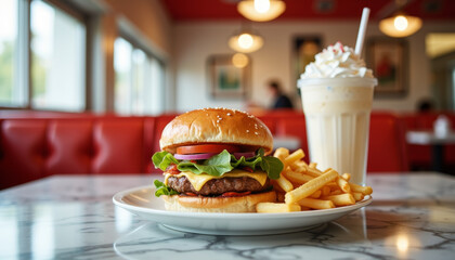 Savoring a classic burger and milkshake in a retro diner setting with fries on a marble table