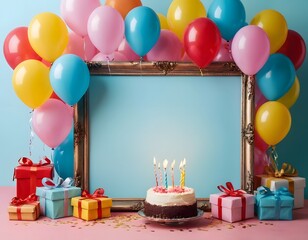 new year eve Christmas wedding anniversary  birthday celebration cake with shining colorful balloons, 3d gift boxes and frame isolated on grey wall background