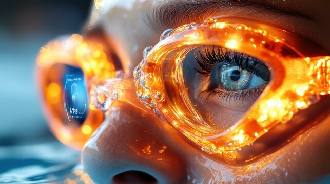 Close-up of blue eyes with orange glowing swimming goggles reflecting light, water sports concept, perfect for summer activities, swimming lessons, or athletic training background, vibrant and dynami - Powered by Adobe