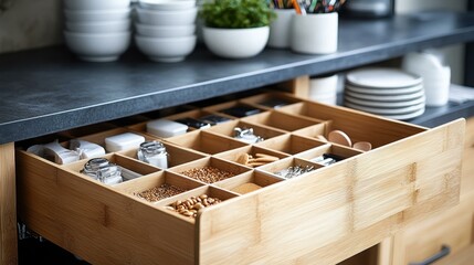 Organized wooden drawer with multiple compartments holding cutlery and kitchen utensils in modern kitchen interior, perfect for home organization, culinary workspace, and cooking inspiration