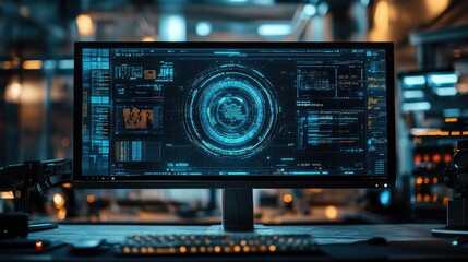 Obraz premium Futuristic digital interface on a computer monitor in a high-tech setting.