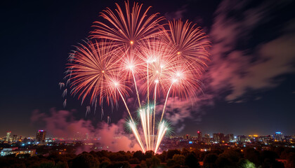 Colorful fireworks illuminate the night sky over a vibrant city during a festive celebration