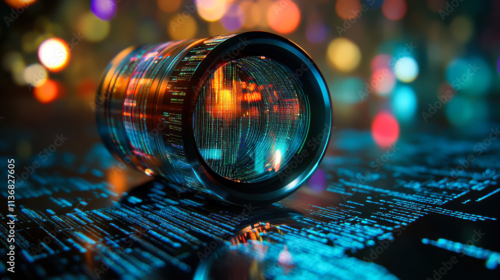 Poster creative camera lens reflecting colorful lights and digital patterns in an abstract composition