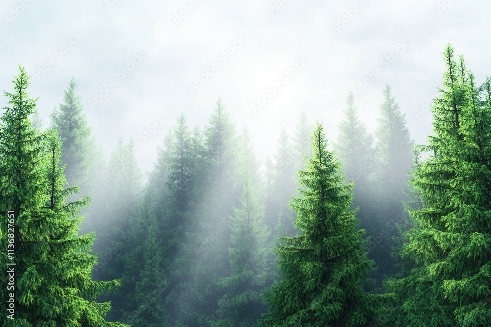 Poster tranquil misty forest with tall evergreen trees and soft light filtering through the foliage.