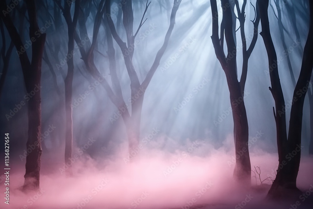 Poster a mystical forest scene with ethereal light filtering through fog and bare trees, creating a serene 