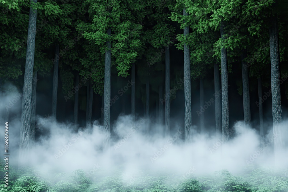 Poster mysterious forest with tall trees and a blanket of fog, creating an enchanting and serene atmosphere