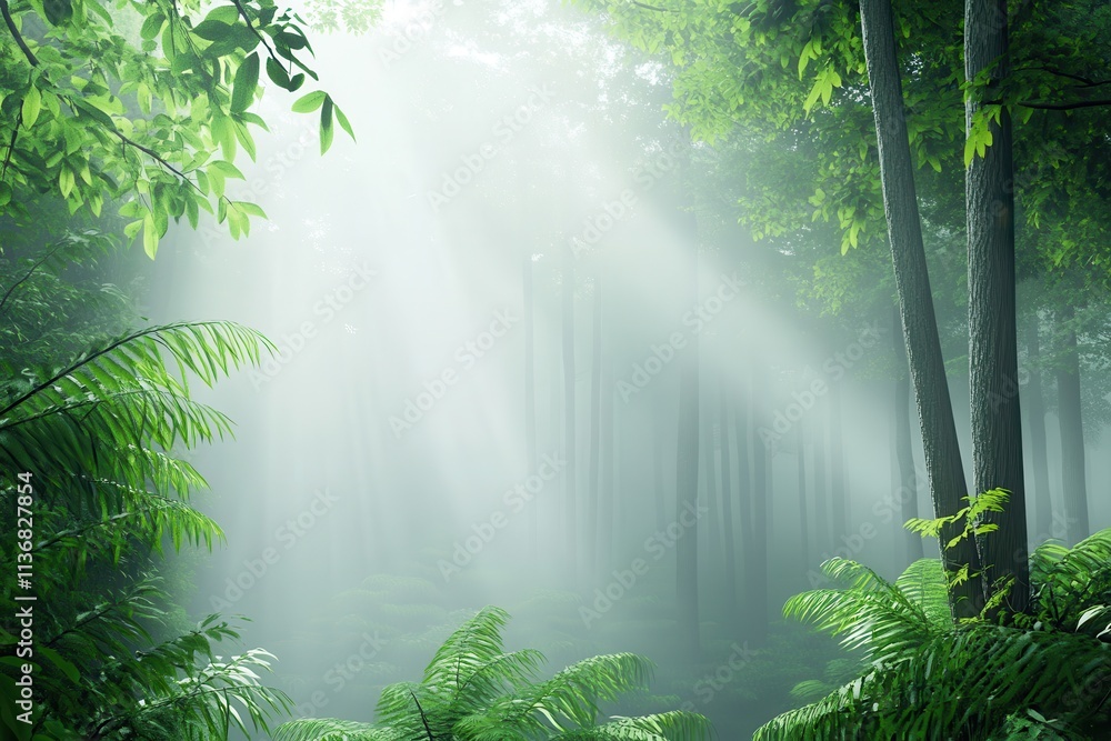 Poster a tranquil forest scene with misty light filtering through lush green foliage, creating a serene atm