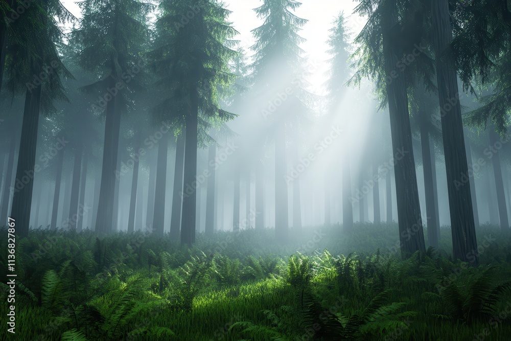 Poster mysterious forest with tall trees and soft light filtering through the mist, creating an enchanting 