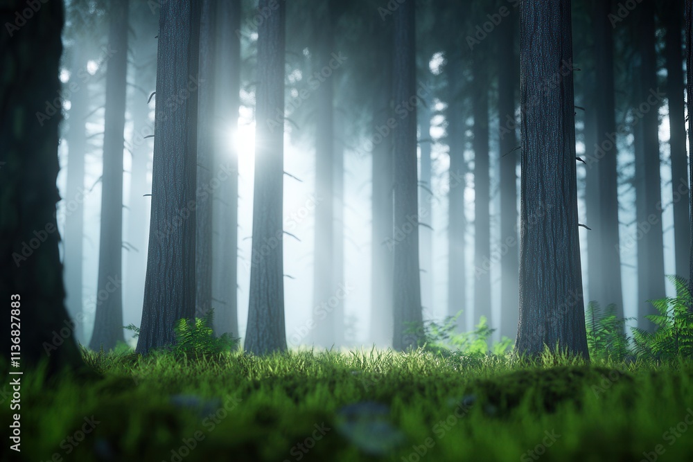 Poster a serene forest scene with mist filtering through tall trees, creating a mystical atmosphere.