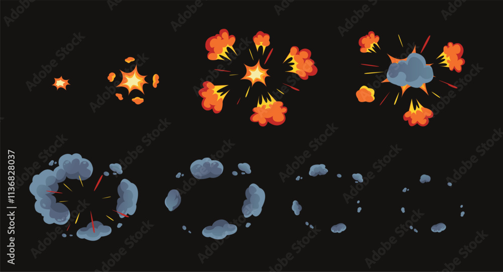 Poster cartoon radial bomb explosion animation. dynamic fiery blast with expanding smoke poof clouds and gl