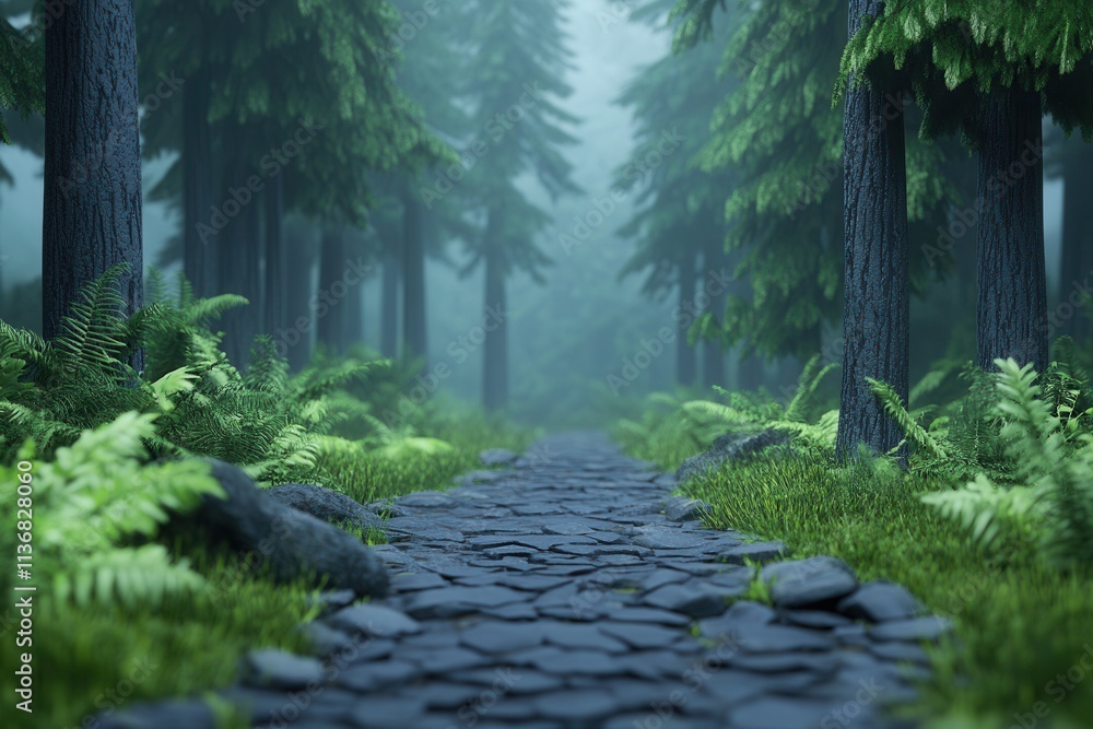 Aufkleber a serene forest path surrounded by lush ferns and towering trees in a misty atmosphere.