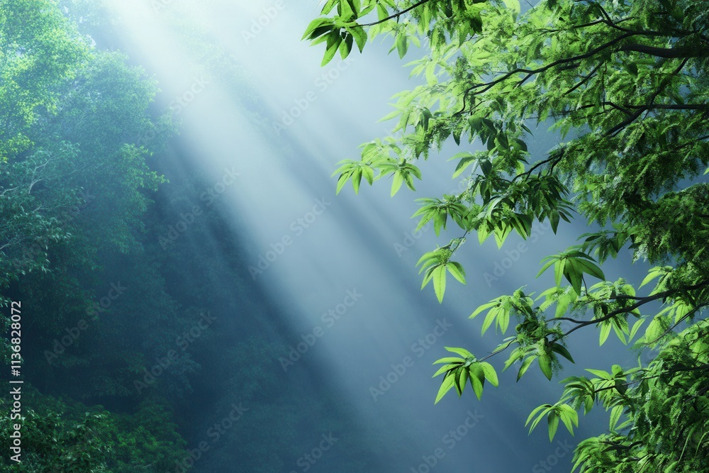 Poster sunlight streams through lush green leaves in a serene forest setting, creating a tranquil atmospher