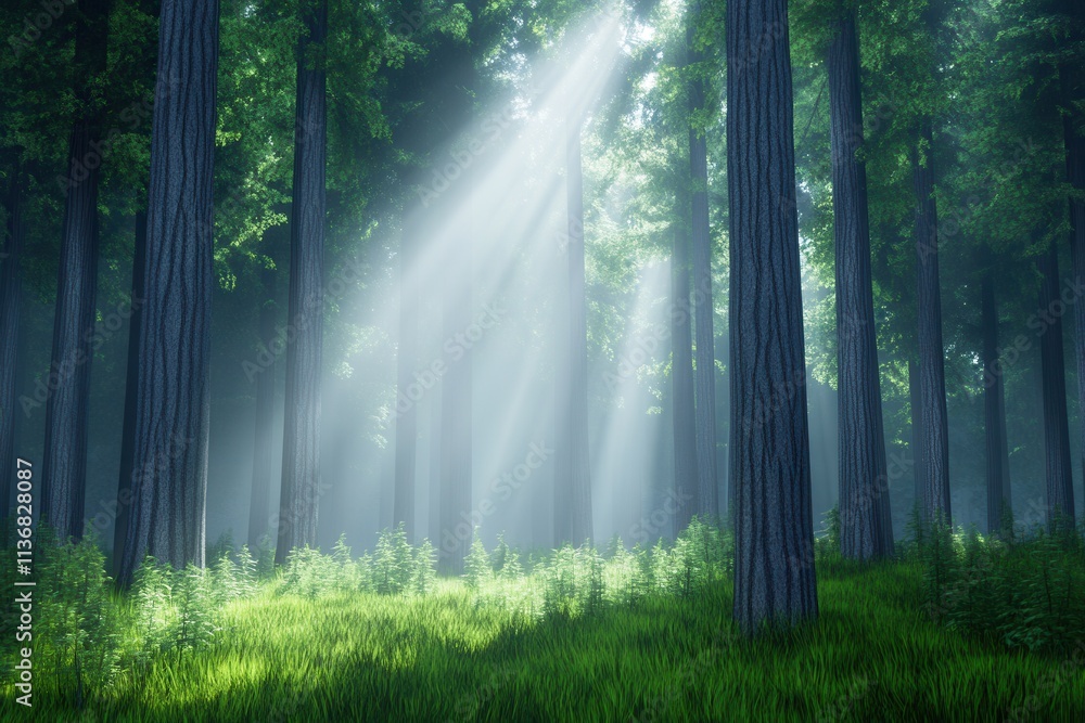 Poster serene forest scene with sunlight filtering through tall trees, creating a tranquil and ethereal atm