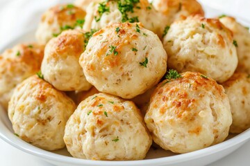 Fototapeta premium Freshly baked golden biscuits garnished with herbs, served on a plate, evoking warmth and comfort in every bite.