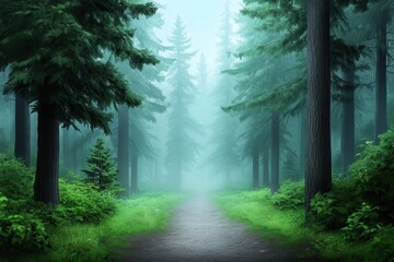 A serene misty forest pathway surrounded by tall evergreen trees and lush greenery, creating a tranquil atmosphere.