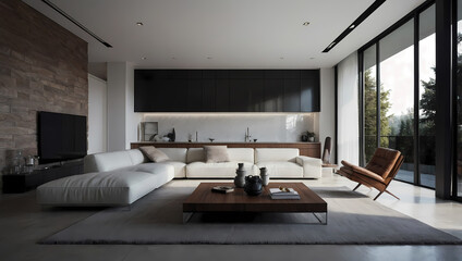 Fototapeta premium Modern living room with a sleek sofa, wooden coffee table, and large windows bringing in natural light.