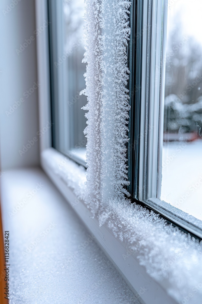 Poster a close-up of frost forming on a window, creating a beautiful icy pattern in a serene winter setting