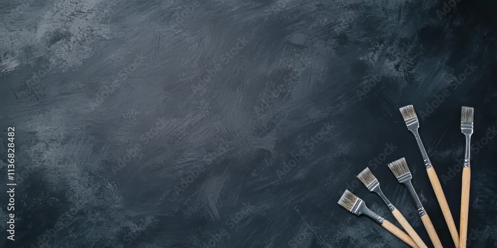 Poster tools and brushes arranged artistically on a dark background emphasizing contrast and vibrant colors