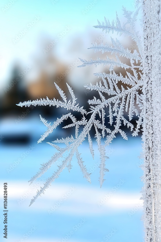 Poster delicate frost patterns adorn a window against a serene winter landscape, creating a tranquil and co