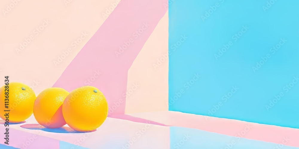 Poster brightly colored oranges arranged on a clean surface against a vibrant pastel background with geomet
