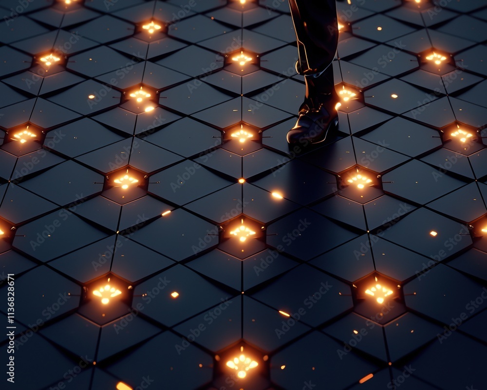 Aufkleber a stylish boot steps onto a futuristic, illuminated hexagonal floor, creating an intense and modern 