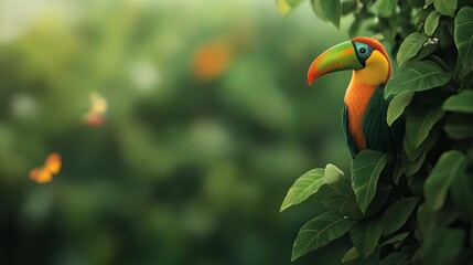 Colorful toucan perched among lush green leaves, showcasing vibrant feathers and a serene background with butterflies.