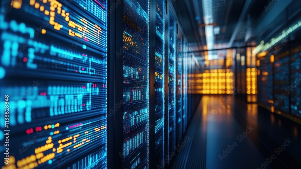 Poster modern data center with vibrant led server lights and advanced technology infrastructure